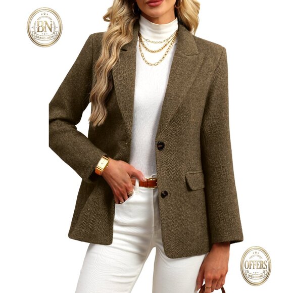 Wool Blend Herringbone Blazer Oversized Fit Business Casual Jacket